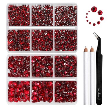 Beadsland 8300PCS Flatback Rhinestones, Red Rhinestone Nail Gems Round Crystal Rhinestones for Crafts, Mixed 10 Sizes with Wax Pencil and Tweezer Kit, SS3-SS30, Siam