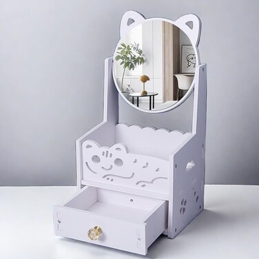 Assemble Makeup Organizer 7 1/2 Inch with Cosmetic Rotating Mirror &amp; Drawer, Compact Vanity Bins Storage, Girl's Dressing Table Essential Skincare Display Case,Countertop Ideal Gift Chioce