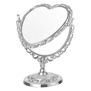 Heart Vanity Mirror Two Sided Swivel Tabletop Makeup Mirror European Love Double Face Princess Mirror for Desk Dresser Beauty Use Silver