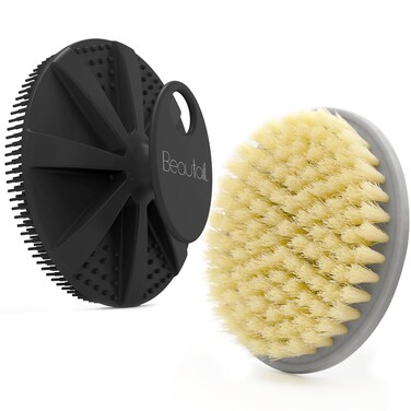 Body Scrubber 2 Pack Shower Bath Brush, 1 Pack Plastic Body Brush Gray and 1 Pack Silicone Body Scrubber Black, Gentle Exfoliating for Women Men Baby Sensitive Skin