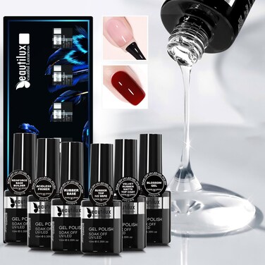 beautilux 6Pcs 10ml Nail Primer, Base Coat Builder Base Gel Rubber Top Coat and Matte Top Coat Blooming Gel Nail Polish Set, Soak Off U V Gel Polish Starter Manicure Set