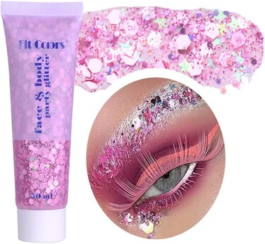 Body Glitter Gel, Holographic Face Body Glitter Sequins Liquid Holographic Glitter Gel, Long Lasting Sparkling Glitters for Face Body Eye Lip Hair Nail Festival Makeup 50ml (PINK)