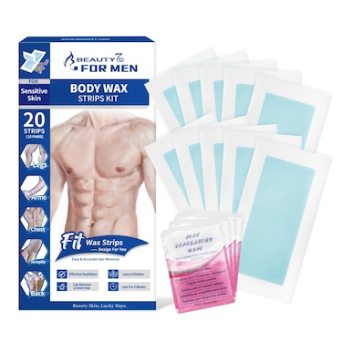 Beauty7 Men Wax Strips for Body, Ready to Use Waxing Strips, Facial Hair Removal Wax, Legs Arms Chest Waxing, At Home Waxing Kit, 20 Waxing Strips 4 Calming Oil Wipes