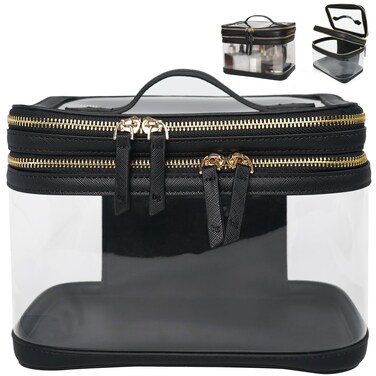 Extra Large Clear Makeup Bag for Women with Zipper Organizer Vegan Leather, Clear Travel Make Up Bags Women, Clear Waterproof Travel Skincare Cosmetic Bag for Women Travel with Zipper Toiletry Case