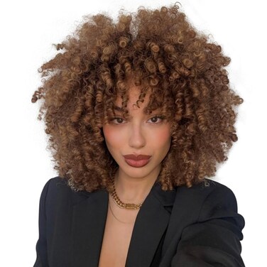 BECUS 10Inch Curly Wigs for Black Women Fluffy Afro Kinky Curly Hair Wig with Bangs Afro Wig Synthetic Soft Hair Short Curly Yellow Brown Wig
