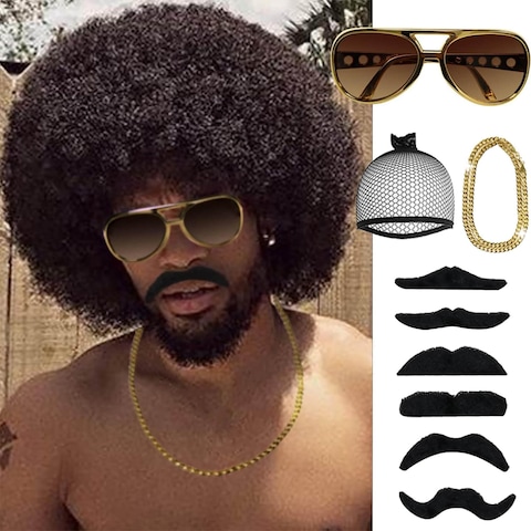 Afro Twist Hair 70s Disco Costume Set For Men Afro Wig Glasses