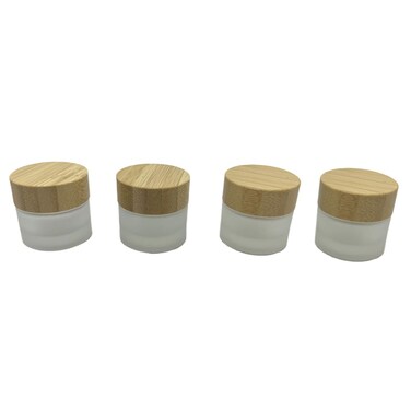 Empty Refillable Frosted Glass Cosmetic Jar 4 Pack Mini 10g/0.33oz with Bamboo Lids,Skin Care Travel Containers Pot Vial Holder Sample Storage for Eye Cream Lotion Ointments Lip Balm