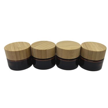 Empty Refillable Frosted Glass Cosmetic Jar 4 Pack 15g/0.5oz with Bamboo Lids,Skin Care Travel Containers Pot Vial Holder Sample Storage for Eye Cream Lotion Ointments Lip Balm Frost