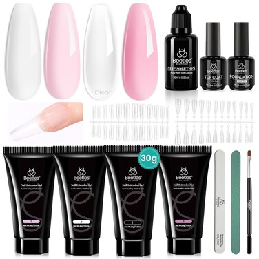 Beetles Poly Nail Extension Gel Kit, 4 Colors Pink White Poly Nail Gel Builder Sheer Pink Nail Gel Clear Nail Art Kit with Poly Brush &amp; Slip Solution Nail Salon All In 1 Kit Gift for Women
