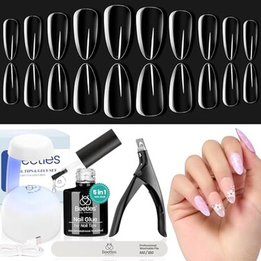 Beetles Gel Nail Kit Almond Nail Tips Easy Nail Extension Set 5 In 1 Nail Glue Gel with Pre shaped Medium Almond Nail Tips &amp; UV Nail Lamp Acrylic Nail Clipper DIY Art Gifts for Her