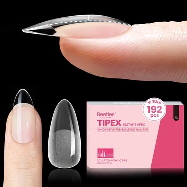 Beetles Tipex Instant Apex Nail Tips Almond Medium, Pre-Etched Pre-Building Strong Thick Acrylic,16 Sizes,192 Pieces