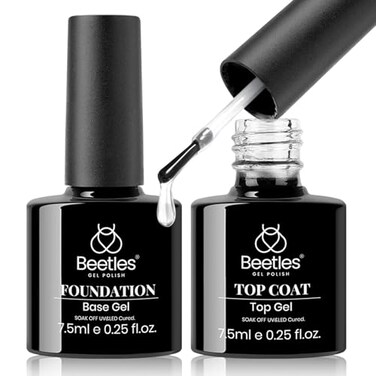 Beetles 2Pcs No Wipe Gel Top Coat and Base Coat Set, High Gloss Clear Long Lasting Base and Top Coat, Soak Off Nail Art DIY Home