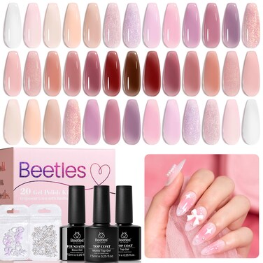 Beetles Jelly Gel Nail Polish Set, 20 Colors Nude Pink Glitter Milky White Brown Neutral with Bowknot Pearl Accessories &amp; Base and Top Gel Matte Top Gel Classic Nude Collection Gifts for Women