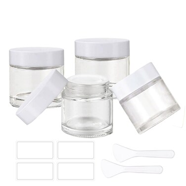 4 Pack 2 oz Glass Jars with Lids，60ml Empty Round Clear Glass Jars with Inner Liners and White Lids,Cosmetic Containers for Storing Cream, Ointments,Lotion (Clear - White Lid)
