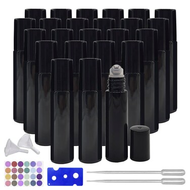 24 Packs of Essential Oil Roller Bottles, 10ML Black Roller Bottles with Stainless Steel Rolling Balls for Travel Essential Oil