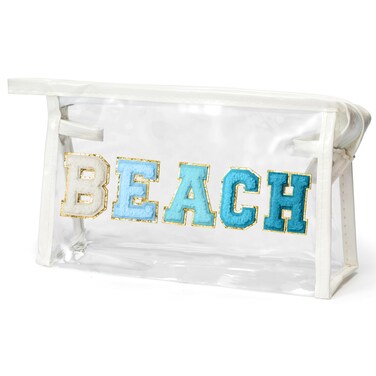 Preppy Patch Cosmetic Bag - Summer Beach Chenille Varsity Letter Clear Makeup Bag Aesthetic Waterproof PVC Zipper Portable Toiletry Kit Clutch Purse Travel Pouch Summer Gift for Women