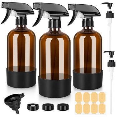 Amber Glass Spray Bottles 3 Pack, 16 oz Glass Spray Bottles for Cleaning, Plants, Essential Oils, Hair Care, Refillable Empty Spray Bottle with Adjustable Nozzle for Squirt and Mist