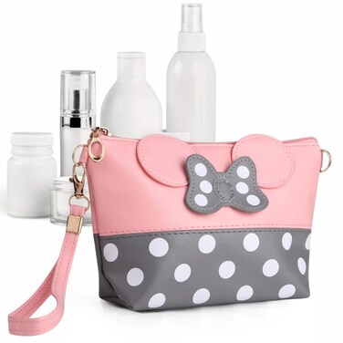 BELMAKS Pink Murine Makeup Bag Pink Cosmetic Bags White Polka Dots Toiletry Organizer Rose Cartoon Makeup Organizer for Teen Girls 5.1" x 5.9" Murine Zipper Cute Purse for Travel