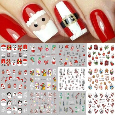Santa Claus Nail Art Stickers Christmas Water Transfer Nail Decals Set of 12 Sheets Holographic Gingerbread Man Penguin Elk Sock Design for Winter Christmas Nail Accents Nail Art DIY Decorations