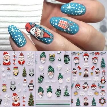 Christmas Nail Art Stickers White Snowflake 5D Embossed Nail Decals for DIY or Nail Salon, Self-Adhesive Santa Claus Xmas Tree Green Dwarf Design Acrylic Stickers Nail Art Supplies for Women Decor