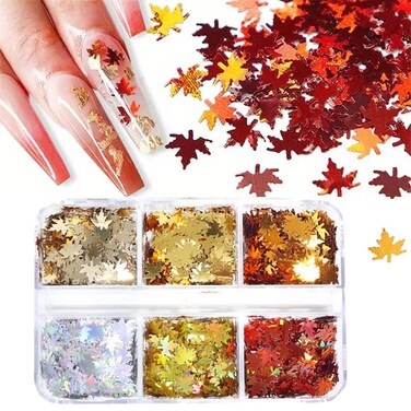 6 Girds Maple Leaf Nail Art Glitters Holographic Fall Nail Sequins Glitters Autumn Thanksgiving Nail Art Decorations Supplies Gel Polish Glitters Maple Leaves Nail Design Glitter Flakes Manicure Set