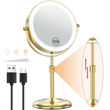 Benbilry Lighted Makeup Mirror with 3 Color Lights &amp; 10X Magnification, Adjustable Brightness &amp; Height, 7 Inch 360&deg; Swivel Rechargeable 10X LED Magnifying Vanity Mirror with Light, Gold