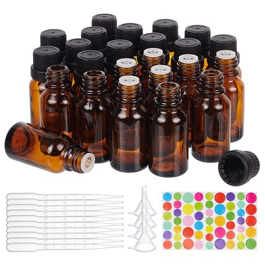 BENECREAT 24 Pack 15ml Brown Glass Essential Oil Bottles Refillable Container Kits with Plastic Droppers, Funnel Hoppers and Sticker for Aromatherapy Fragrance Cosmetic Oil