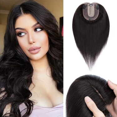 Benehair 6 Inch Hair Toppers for Women Real Human Hair 130% Density 4"x4.7" Hand Made Silk Base 100% Remy Human Hair Wiglets Hairpieces for Thinning Hair -Natural Black #1B