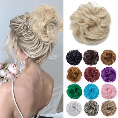 Benehair Messy Bun Hair Pieces Scrunchy Updo Fluffy Scrunchies Donut Top Knot Hairpiece Synthetic Curly Wavy Messy Chignons with Elastic Rubber Band Ash Blonde mix Bleach Blonde-Thicker 1pc 35g