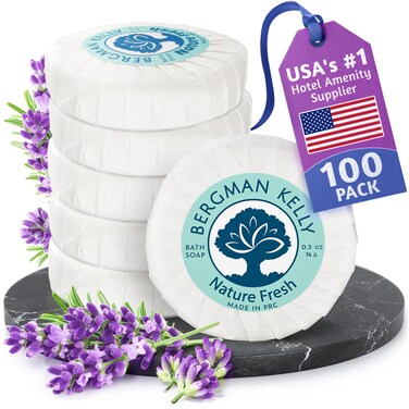 BERGMAN KELLY - Hotel Soap Bars - Nature Fresh, 0.5 oz, 100 PK - Travel Size Luxury Bulk Amenities Bar Soap - Mini Individually Wrapped Round Soap - Small Toiletries for Airbnb, Motel, Guest Bathroom