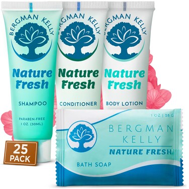 Bergman Kelly Hotel Toiletries Bundle (Nature Fresh, 1 oz each, 100 Pieces) 4-Piece Set: 25 Rectangular Bar Soap, 25 Shampoo, 25 Conditioner &amp; 25 Body Lotion - Bulk Mini Guest Amenities