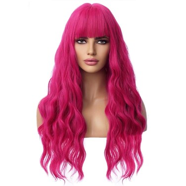 BERON 26 Inches Hot Pink Wig Long Curly Wig with Bangs Synthetic Wig Women Girls Wig Rose Red Wigs with Wig Cap