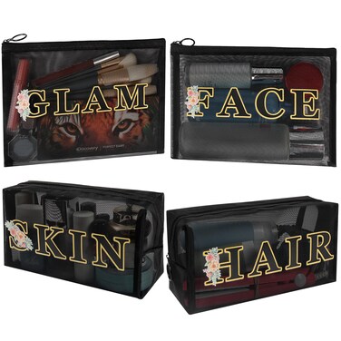 4 Pack Letter Cosmetic Bags, Nylon Mesh Makeup Bag Set, Travel Essentials Pouch Set Print with SKIN HAIR FACE GLAM Letter (Black)