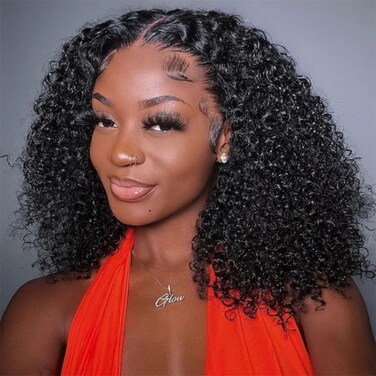Curly Lace Front Wigs Human Hair 13x6 Kinky Curly HD Transparent Lace Frontal Wig for Women Short Curly Wigs Pre Plucked With Baby Hair 220% Density Glueless Hair Curly Wigs (16 Inch)