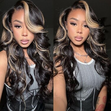 220% Density 28 Inch Highlight Lace Front Balayage Wig Human Hair Pre Plucked FB/27 Balayage 13x4 HD Lace Ombre Body Wave Wig Glusless Wigs Human Hair for Women