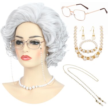 Old Lady Wig Costume Set for Women Short Curly Grandma Wig and Glasses Silver White Granny Wigs for Old Woman Cosplay Halloween Party (Silver White/Old Lady)