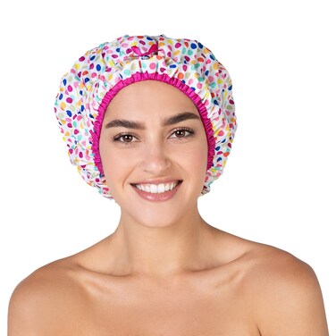Reusable Shower Cap &amp; Bath Cap &amp; Lined, Oversized Waterproof Shower Caps Large Designed for all Hair Lengths with PEVA Lining &amp; Elastic Band Stretch Hem Hair Hat - Fashionista Deco Dots