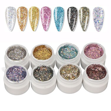Glitter Nail Polish, Sparkle Nail Polish, Glitter Gel Polish, Nail Polish Gel 8 Colors Sparkly Shiny Flashing LED Nail Polish Setil Art DIY Home Salon Manicure Holographic Glitter