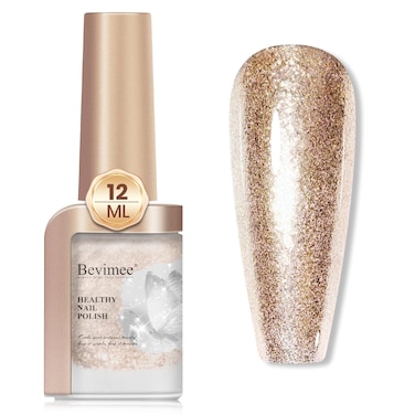 Glitter Nail Polish Quick Dry 12ML, Shimmer Champagne Gold Glitter Nail Polish Sparkly Shine nail polish Holographic Varnish Nail Lacquer Natural Nail Art for Beginner-1PC