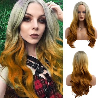 Long Curly Wavy Silver Grey to Yellow Wig Middle Part Natural Looking Synthetic Synthetic Heat Resistant Fiber Wigs for Women