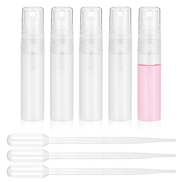 Bewudy 5 Pcs Mini Spray Bottle, 10ml Mini Plastic Spray Bottle Empty with 3 Pcs Transfer Pipettes, Fine Mist Refillable Mini Perfume Bottle, Perfume Atomizer Clear Plastic Portable Travel Bottle(5ML)