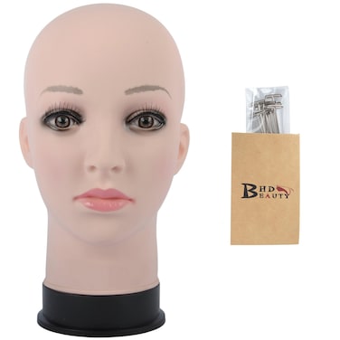 BHD BEAUTY Bald Mannequin Head Beige Female Professional Cosmetology for Wig Making, Display wigs, eyeglasses, hairs with T pins 22