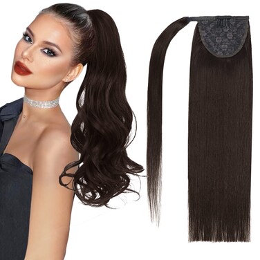 18"Human Hair Ponytail Wrap Around Clip in Ponytail Hair Extensions for Women Dark Brown(#2) 100g/3.5oz