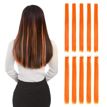 Colored Clip in Hair Extensions 22" 10pcs Straight Fashion Hairpieces for Party Highlights Orange