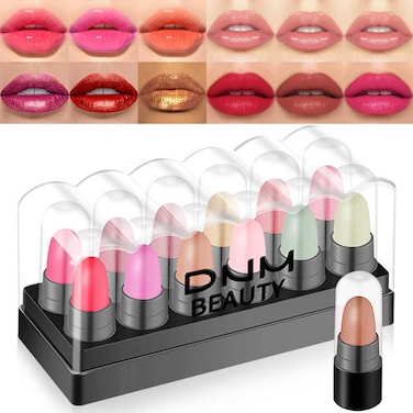 BINGBRUSH 12Pcs Mini Capsule Pills Makeup Lipstick Set,Color Changing Jelly Magic Strawberry Flavor Lip Balm +Matte +Metallic Women Mood Cute Purse Lip Stick