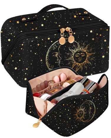 Bistup Makeup Bag Travel Cosmetic Bag Toiletry Make Up Bags Cute Women Large Capacity Big Medium Leather Sun Moon Aesthetic Portable Teen Girls Teenage Foldable Expandable Compact Open Flat Zip