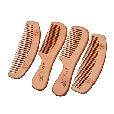 4Pcs Peach Wooden Combs Carved Pocket Hair Combs for Men Women Anti-static Massage Combs with Fine Wide Serrations for All Hair Types