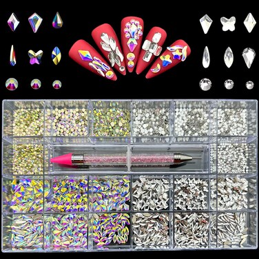 Silver &amp; AB Nail Art Rhinestones Kit, Shaped Nail Crystals Clear Nail Gems Iridescent Diamonds Stones for Acrylic Nails+Small Round Glass Nail Decor Beads Flatback Face Eye Jewels BJRSPGLS(6000Pcs)
