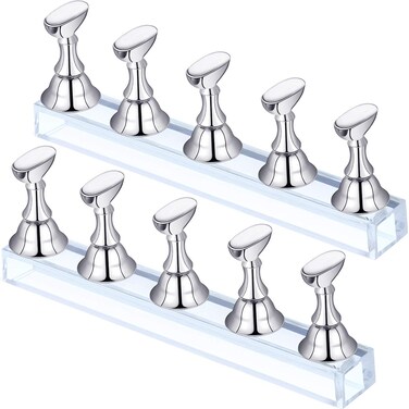 Blulu 2 Sets Acrylic Nail Display Stand Magnetic Press on Nails Practice Holder Stand DIY Painting Fingernail Stand for False Fingernail Manicure Tool Home Salon Use(Silver)