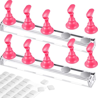 2 Set Acrylic Nail Art Practice Stands Magnetic Nail Tips Holders Training Fingernail Display Stands DIY Crystal Holders and 96 Pieces White Reusable Adhesive Putty(Pink)
